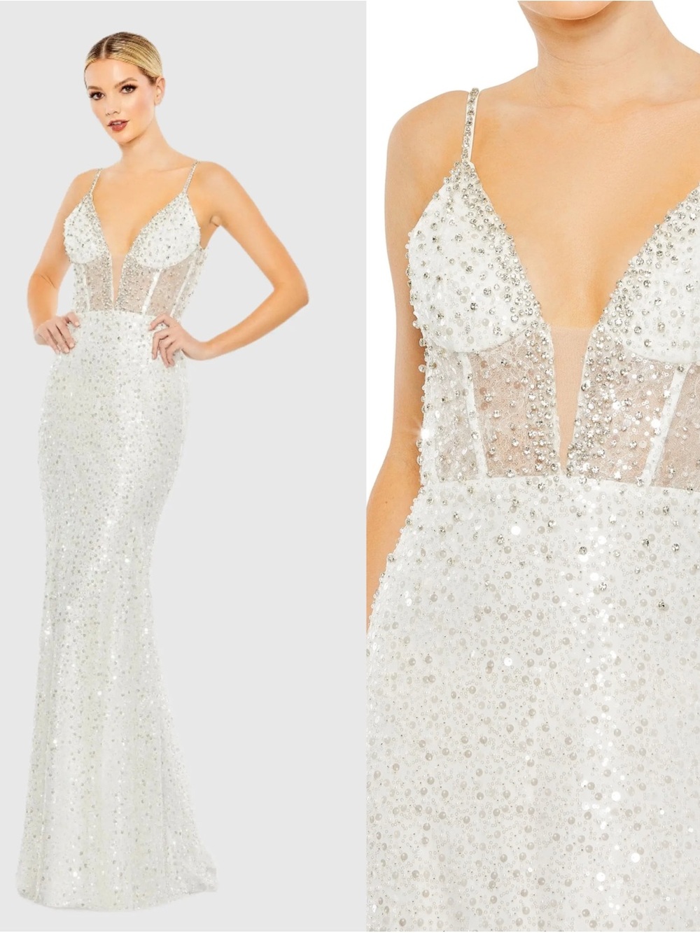 NWT Mac Duggal 68175 White Maxi Gown Bridal Prom Beaded Embellished Size 6
